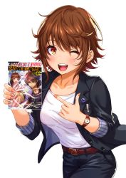 Rule 34 | :d, ;d, belt, black jacket, blush, book, breasts, brown eyes, brown hair, highres, holding, holding book, jacket, medium breasts, nail polish, novel illustration, official art, one eye closed, open mouth, original, pointing, sakiyamama, shirt, short hair, simple background, smile, solo, upper body, watch, white background, white shirt, wristwatch