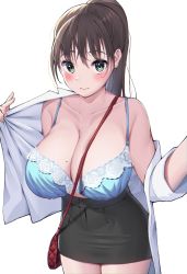 Rule 34 | 1girl, absurdres, bag, bare shoulders, blue bra, blush, bra, breasts, brown hair, cleavage, closed mouth, clothes pull, collarbone, cowboy shot, dress shirt, eyebrows hidden by hair, floral print, green eyes, hair between eyes, handbag, highres, himeliofon, huge breasts, long hair, looking at viewer, miniskirt, mole, mole on breast, office lady, open clothes, open shirt, original, pencil skirt, pointy breasts, ponytail, shirt, shirt pull, simple background, skindentation, skirt, solo, underwear, undressing, upturned eyes, white background, white shirt