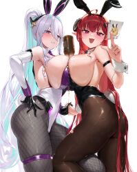 Rule 34 | 2girls, absurdres, ahoge, alcohol, animal ears, aqua pupils, arm strap, azur lane, between breasts, black gloves, black horns, black leotard, blush, breast press, breasts, card, champagne, champagne bottle, chochomi, curled horns, demon girl, detached collar, elbow gloves, fake animal ears, fake tail, fang, fishnet pantyhose, fishnets, gloves, hair between eyes, hand on own hip, highres, hindenburg (azur lane), hindenburg (delirious duel) (azur lane), holding, holding card, holding hands, horns, huge breasts, kearsarge (all night charge) (azur lane), kearsarge (azur lane), leotard, long hair, looking at viewer, multicolored leotard, multiple girls, official alternate costume, open mouth, pantyhose, pink pupils, playboy bunny, playing, pointy ears, ponytail, pouring, pouring onto self, purple eyes, purple leotard, rabbit ears, red eyes, red hair, skin fang, skindentation, strapless, strapless leotard, symmetrical docking, tail, thigh strap, torn clothes, torn pantyhose, undersized breast cup, white background, white hair, wrist cuffs