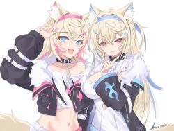 Rule 34 | 2girls, :3, :d, animal ear fluff, animal ears, arm up, belt, belt collar, black collar, black jacket, blonde hair, blue belt, blue eyes, blue hair, blush, breasts, cleavage cutout, clothing cutout, collar, cropped jacket, cropped shirt, dog ears, dog girl, dog tail, dress, fang, flat chest, fur-trimmed jacket, fur trim, fuwawa abyssgard, fuwawa abyssgard (1st costume), hair ornament, highres, hololive, hololive english, jacket, large breasts, long hair, looking at viewer, medium hair, mococo abyssgard, mococo abyssgard (1st costume), multicolored hair, multiple girls, open mouth, pink belt, pink eyes, pink hair, shirt, siblings, sisters, skin fang, smile, spiked collar, spikes, streaked hair, tail, twins, two side up, varo 006, virtual youtuber, white background, white dress, white shirt, x hair ornament