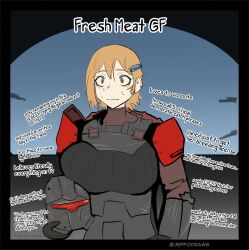 Rule 34 | 1girl, armor, blonde hair, blue eyes, breasts, english text, frown, helldiver (helldivers), helldivers (series), helmet, jeffodraws, large breasts, original, pauldrons, scared, short hair, shoulder armor, signature, solo, space, spacecraft, sweat