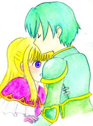 Rule 34 | 1boy, 1girl, armor, blonde hair, clarine (fire emblem), closed eyes, commentary request, couple, fire emblem, fire emblem: the binding blade, gloves, green armor, green hair, hetero, kiss, kissing forehead, lalalalance, lance (fire emblem), nintendo, open mouth, painting (medium), pink gloves, ponytail, purple eyes, surprised, traditional media, watercolor (medium), white background