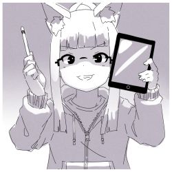 Rule 34 | 1girl, animal ear fluff, animal ears, blunt bangs, commentary request, drawing tablet, drawstring, fox ears, glasses, gradient background, grey background, greyscale, grin, hair bun, hands up, holding, holding drawing tablet, holding stylus, hood, hood down, hooded jacket, jacket, kuro kosyou, long hair, long sleeves, monochrome, original, puffy long sleeves, puffy sleeves, shirt, sidelocks, single hair bun, sleeves past wrists, smile, solo, stylus, upper body, v-shaped eyebrows, white background