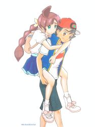 1boy 1girl absurdres ash_ketchum backpack bag black_hair brown_eyes carrying chloe_(pokemon) closed_mouth creatures_(company) game_freak green_eyes highres jacket koharuwatcher legs nintendo piggyback pokemon pokemon_(anime) pokemon_journeys purple_hair shoes smile walking