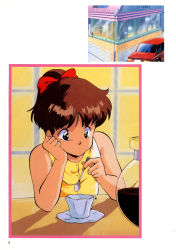 Rule 34 | 1980s (style), 1girl, absurdres, arm support, black eyes, brown hair, coffee, coffee mug, counter, cream lemon, cup, hair ribbon, hand on own cheek, hand on own face, high ponytail, highres, holding, holding spoon, long hair, mug, official art, oldschool, page number, restaurant, retro artstyle, ribbon, scan, sleeveless, solo, spoon, teacup