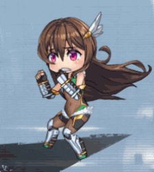 Rule 34 | 00s, 1boy, androgynous, animated, animated gif, bare shoulders, blush, bodysuit, boots, brown hair, chibi, fighting stance, full body, gloves, leotard, lilith-soft, long hair, looking to the side, lowres, pink eyes, shiny skin, solo, taimanin (series), taimanin rpgx, trap, uehara shikanosuke, very long hair