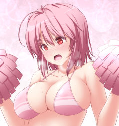 Rule 34 | 1girl, bare arms, bare shoulders, bikini, blush, breasts, cleavage, collarbone, commentary, commission, hair between eyes, heavy breathing, highres, large breasts, looking away, nori tamago, nose blush, open mouth, pink bikini, pink hair, pom pom (cheerleading), red eyes, saigyouji yuyuko, short hair, skeb commission, solo, sweat, swimsuit, touhou, upper body