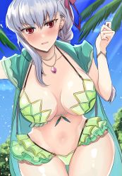 Rule 34 | 1girl, armlet, bare shoulders, bikini, blue sky, blush, bracelet, braid, braided ponytail, breasts, cleavage, collarbone, earrings, fate/grand order, fate (series), flower, frills, green bikini, green vest, hair flower, hair ornament, hair ribbon, highres, hood, hooded vest, hoodie, jewelry, kama (fate), kama (swimsuit avenger) (fate), kankitsu kei, large breasts, long hair, looking at viewer, lotus, necklace, open mouth, pendant, red eyes, ribbon, silver hair, sky, solo, swimsuit, thighs, vest