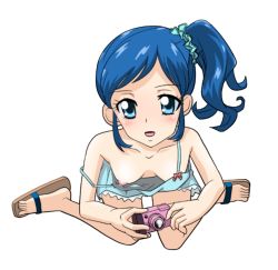 Rule 34 | 1girl, aikatsu! (series), bare shoulders, blue eyes, blue hair, blush, breasts, convenient censoring, downblouse, e.d.a., extended downblouse, feet, hair ornament, hair scrunchie, hanging breasts, kiriya aoi, looking at viewer, medium breasts, medium hair, no bra, off shoulder, open mouth, sandals, scrunchie, side ponytail, simple background, sitting, smile, solo, strap slip, wariza, white background