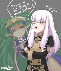 Rule 34 | 2girls, :3, artist name, braid, closed mouth, crossed arms, cslucaris, english text, closed eyes, fire emblem, fire emblem: three houses, green eyes, green hair, grey background, hair ornament, long hair, long sleeves, lysithea von ordelia, multiple girls, nintendo, open mouth, pointy ears, side braid, simple background, smug, sothis (fire emblem), tiara, troll face, twin braids, uniform, white hair