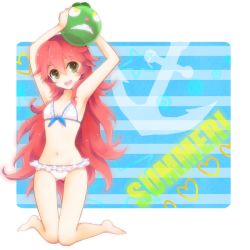 Rule 34 | 1girl, :d, armpits, arms up, bad id, bad pixiv id, ball, barefoot, bikini, bikini skirt, flaky (happy tree friends), flat chest, front-tie top, green eyes, happy tree friends, kneeling, long hair, midori maccha, navel, open mouth, personification, red hair, smile, solo, swimsuit