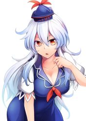 Rule 34 | ashiroku (miracle hinacle), blue dress, blue hair, bow, breasts, cleavage, collarbone, collared dress, dress, hat, highres, kamishirasawa keine, large breasts, long hair, looking at viewer, multicolored hair, puffy short sleeves, puffy sleeves, red bow, red eyes, red neckwear, short sleeves, sidelocks, silver hair, teacher, tokin hat, touhou, two-tone hair