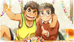 Rule 34 | 2boys, ^ ^, absurdres, aged down, birthday, blush, brown hair, cake, closed eyes, cup, dark-skinned male, dark skin, feet out of frame, food, forked eyebrows, glasses, green tank top, highres, holding, holding cup, kontahsm, looking at viewer, male focus, motoori shiro, multiple boys, rimless eyewear, shorts, sideburns, smile, takabushi kengo, tank top, thick eyebrows, tokyo houkago summoners