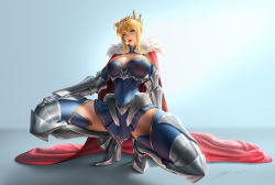 Rule 34 | 1girl, ahoge, armor, armored boots, artoria pendragon (fate), artoria pendragon (lancer) (fate), blonde hair, blue background, blue dress, blue eyes, blue gloves, blue skirt, blue thighhighs, boots, breasts, cape, cleavage, cloud.d, crown, detached sleeves, dress, fate/grand order, fate (series), fur-trimmed cape, fur trim, gauntlets, gloves, hair between eyes, hand on own thigh, high heels, highres, large breasts, pleated skirt, red lips, sidelocks, skirt, squatting, strapless, strapless dress, thighhighs, thighs