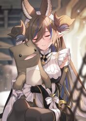 Rule 34 | 1girl, animal ears, black dress, breasts, brown hair, character doll, closed eyes, detached sleeves, dress, earrings, extra ears, frilled sleeves, frills, galleon (granblue fantasy), gloves, granblue fantasy, highres, holding, holding stuffed toy, horns, jewelry, kingyo 114, large breasts, long hair, multicolored hair, pointy ears, sitting, smile, solo, streaked hair, stuffed toy, very long hair, white gloves, white headdress