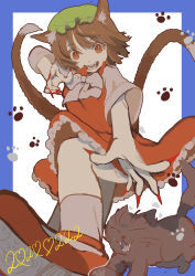 Rule 34 | 1girl, :d, absurdres, animal ear fluff, animal ears, bow, bowtie, brown hair, cat, cat day, cat ears, cat tail, chen, dress, fingernails, foreshortening, hat, highres, mob cap, multiple tails, nail polish, nekomata, open mouth, paw print, perspective, red dress, red eyes, red nails, sharp fingernails, short hair, simple background, smile, solo, tail, touhou, two tails, white background, white bow, white bowtie, yamazaki tsukune