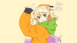 Rule 34 | 1girl, blonde hair, commentary request, double bun, fingernails, flower, goodbye sengen (vocaloid), green eyes, green nails, hair bun, hair flower, hair ornament, highres, hololive, homura minori, hood, hood down, hoodie, long hair, long sleeves, looking at viewer, momosuzu nene, nail polish, official art, ok sign, orange nails, simple background, solo, v, virtual youtuber, vocaloid, yellow background