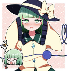 Rule 34 | !?, 1girl, absurdres, alternate hairstyle, black headwear, blush, buttons, collared shirt, diamond button, frilled sleeves, frills, green eyes, green hair, hat, hat ribbon, heart, heart of string, highres, komeiji koishi, multiple views, open mouth, ribbon, scissors, shirt, short hair, sleeves past fingers, sleeves past wrists, third eye, touhou, wide sleeves, yellow ribbon, yellow shirt, you (noanoamoemoe)