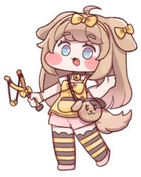 Rule 34 | 1girl, :3, animal ears, bell, blue eyes, blush, blush stickers, bow, butter (trickcal), chibi, diyap, dog ears, dog girl, dog tail, fang, full body, hairband, light brown hair, neck bell, official art, open mouth, shorts, slingshot (weapon), smile, solo, striped clothes, striped thighhighs, tachi-e, tail, thighhighs, transparent background, trickcal