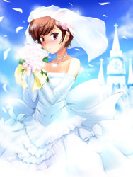 Rule 34 | 1girl, :o, bare shoulders, blush, bouquet, brown hair, collarbone, dha, dress, elbow gloves, flower, gloves, hair ornament, heart, heart necklace, highres, holding, kami nomi zo shiru sekai, kosaka chihiro, looking at viewer, necklace, petals, pink eyes, short hair, solo, veil, wedding dress