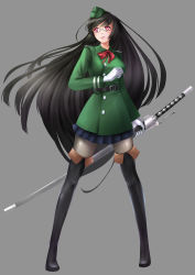 Rule 34 | 1girl, absurdres, belt, black footwear, black hair, black pantyhose, boots, glasses, gloves, grey background, highres, l.sy, long hair, mole, mole under mouth, original, pantyhose, red eyes, semi-rimless eyewear, simple background, solo, sword, thigh boots, thighhighs, uniform, very long hair, weapon