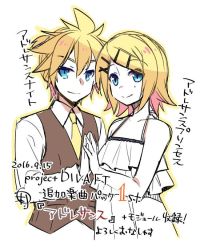 Rule 34 | 1boy, 1girl, 2016, adolescence (vocaloid), anniversary, bare shoulders, blonde hair, blue eyes, brother and sister, camisole, dated, dress, frilled dress, frills, hair ornament, hairclip, hetero, holding hands, kagamine len, kagamine rin, looking at viewer, necktie, project diva (series), shirt, short ponytail, siblings, sketch, sleeveless blazer, smile, spaghetti strap, tamura hiro, twins, vocaloid