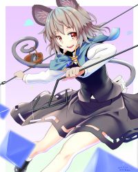 Rule 34 | 1girl, animal ears, basket, capelet, dowsing rod, gem, gradient background, grey hair, highres, ishikkoro, jewelry, long sleeves, looking at viewer, mouse (animal), mouse ears, mouse tail, nazrin, neckerchief, open mouth, pendant, red eyes, shirt, skirt, skirt set, smile, solo, tail, touhou, vest