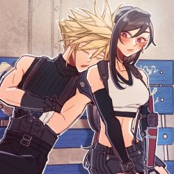 Rule 34 | 1boy, 1girl, arm armor, armor, bare shoulders, bench, black hair, black skirt, blonde hair, blue bench, blush, breasts, cloud strife, crop top, crossed arms, detached sleeves, earrings, final fantasy, final fantasy vii, final fantasy vii remake, gloves, head on another&#039;s shoulder, highres, jewelry, long hair, looking at another, low-tied long hair, midriff, red eyes, seilidare, shoulder armor, sitting, skirt, sleeping, sleeping on person, spiked hair, square enix, suspender skirt, suspenders, sweater, tank top, tifa lockhart, turtleneck, turtleneck sweater, white tank top