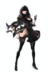 Rule 34 | 1girl, black blindfold, black dress, black gloves, black hair, black thighhighs, blindfold, boots, breasts, cleavage cutout, clothing cutout, cosplay, dress, earrings, female focus, final fantasy, final fantasy vii, final fantasy vii remake, full body, gloves, hairband, high heel boots, high heels, highres, jewelry, large breasts, long hair, low-tied long hair, nier (series), nier:automata, puffy sleeves, solo, spykeee, standing, thigh boots, thighhighs, thighhighs under boots, tifa lockhart, twitter username, white background, white hairband, 2b (nier:automata), 2b (nier:automata) (cosplay)