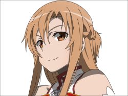 Rule 34 | 1girl, asuna (sao), bare shoulders, black border, blush, border, braid, brown eyes, brown hair, commentary request, derivative work, doyagao, long hair, looking at viewer, simple background, smirk, smug, solo, sword art online, todo (masa3373), white background