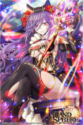 Rule 34 | 1girl, arm up, black thighhighs, breasts, company name, copyright name, crossed legs, crystal, dress, earrings, elbow gloves, gloves, glowing, grand sphere, holding, holding weapon, jewelry, kuroi nyan, large breasts, long hair, looking at viewer, official art, purple hair, red eyes, sitting, smile, solo, sparkle, staff, tattoo, thighhighs, torn clothes, torn thighhighs, weapon