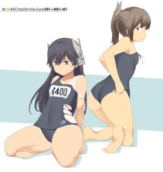 Rule 34 | 2girls, ass, barefoot, black eyes, black hair, black one-piece swimsuit, brown eyes, brown hair, character name, from behind, hair ornament, hairclip, headgear, i-400 (kancolle), i-401 (kancolle), kantai collection, long hair, looking back, multiple girls, name tag, one-piece swimsuit, one-piece tan, open mouth, ponytail, school swimsuit, shigino sohuzi, short hair, short ponytail, sitting, swimsuit, tan, tanline, torn clothes, wariza