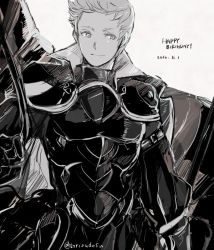 Rule 34 | 1boy, 2016, armor, artist name, bad id, bad twitter id, dated, fire emblem, fire emblem fates, greyscale, happy birthday, male focus, monochrome, nintendo, silas (fire emblem), simple background, sketch, smile, solo, torisudesu, white background