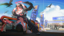 Rule 34 | 1girl, absurdres, armpit peek, banner, beret, bird, black bird, black choker, black footwear, black hat, black wings, blue archive, blue car, choker, convenience store, crow, feathered wings, flock, full body, half-closed eyes, halo, hands up, hat, head wings, highres, koharu (blue archive), leg up, loose socks, low wings, manga (object), miniskirt, neckerchief, on railing, open mouth, parking lot, pink hair, pink halo, pink neckerchief, pleated skirt, railing, sa si qierde, sailor collar, shop, skirt, socks, solo focus, struggling, weapon, white sailor collar, white socks, winged hat, wings