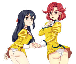 Rule 34 | 1990s (style), 2girls, agent aika, aika (series), ass, bianca (agent aika), blue hair, bow, breasts, brown eyes, cleavage cutout, closed mouth, clothing cutout, cowboy shot, cropped legs, delmo, dress, earrings, eyelashes, female focus, from behind, golden delmo, hair bow, hair ornament, hair ribbon, highleg, highleg panties, highres, hikkimora, holding hands, jewelry, large breasts, lineup, lipstick, long hair, looking at viewer, looking back, makeup, matching hair/eyes, medium breasts, multiple girls, panties, pantyshot, parted bangs, red eyes, red hair, retro artstyle, ribbon, rie petoriyacowa, short dress, short hair, simple background, skin tight, small breasts, smile, standing, thighs, underwear, upskirt, very long hair, white background, white panties