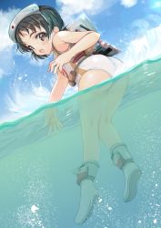 Rule 34 | 1girl, ass, black hair, blue sky, boots, brown eyes, cloud, commentary request, diving mask, diving mask on head, flotation belt, fp-45 liberator, from behind, full body, goggles, goggles on head, gun, handgun, highres, kantai collection, looking back, maru-yu (kancolle), one-piece swimsuit, parted bangs, partially submerged, partially underwater shot, school swimsuit, short hair, sky, solo, swimming, swimsuit, thick eyebrows, underwater, weapon, white footwear, white one-piece swimsuit, yashin (yasinz)