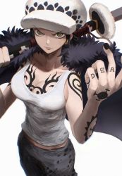 Rule 34 | 1girl, anger vein, arm tattoo, black hair, breasts, chest tattoo, cleavage, coat, coat on shoulders, from above, fur coat, genderswap, genderswap (mtf), glaring, hand tattoo, hands up, hat, highres, holding, holding sheath, holding weapon, large breasts, nail polish, oekakiboya, one piece, sheath, sheathed, short hair, solo, spoilers, tank top, tattoo, trafalgar law, weapon, white background, white tank top, yellow eyes