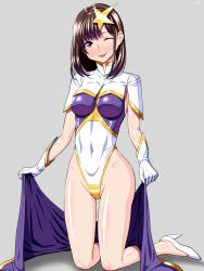 Rule 34 | 1girl, ;p, anegasaki nene, black hair, blush, body blush, breasts, brown hair, capelet, cosplay, covered navel, full body, gloves, grey background, groin, gundam, gundam seed, gundam seed destiny, hair ornament, high heels, highleg, highleg leotard, impossible clothes, impossible leotard, kneeling, leotard, looking at viewer, love plus, meer campbell, meer campbell (cosplay), mole, mole under eye, one eye closed, open clothes, open skirt, parted bangs, pencil skirt, purple eyes, sen (sansui), shadow, shiny clothes, shiny skin, shoes, short hair, side slit, signature, simple background, skirt, unworn skirt, solo, star (symbol), star hair ornament, tongue, tongue out, turtleneck, white gloves