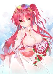 Rule 34 | 1girl, absurdres, bad id, bad pixiv id, blue background, bouquet, breasts, bridal gauntlets, bride, cattleya (flower knight girl), choker, cleavage, cowboy shot, dress, flower, flower knight girl, highres, holding, holding bouquet, lace, large breasts, long hair, looking at viewer, mairo (mairo029), multicolored hair, red flower, red hair, red rose, rose, side ponytail, solo, standing, tiara, wedding dress, white dress, white neckwear, yellow eyes