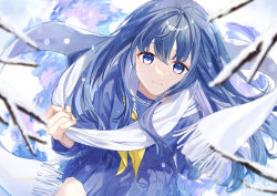 Rule 34 | 1girl, absurdres, blue eyes, blue hair, blue serafuku, blue shirt, blue skirt, blurry, blurry foreground, branch, closed mouth, from above, highres, holding, holding clothes, holding scarf, koyulu, long hair, long sleeves, looking at viewer, neckerchief, original, outdoors, pleated skirt, scarf, school uniform, serafuku, shirt, skirt, snow, solo, white scarf, yellow neckerchief