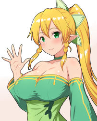 Rule 34 | 1girl, bare shoulders, blonde hair, blush, braid, breasts, choker, cleavage, closed mouth, detached sleeves, dress, elf, fairy, female focus, green dress, green eyes, hair between eyes, hair ornament, hand up, high ponytail, highres, kawase seiki, large breasts, leaf print, leafa, long ears, long hair, long sleeves, looking at viewer, off-shoulder dress, off shoulder, parted bangs, pointy ears, ponytail, shiny skin, sidelocks, simple background, smile, solo, sword art online, upper body, waving, white background