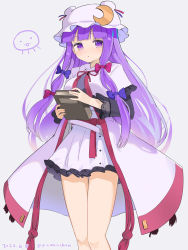 Rule 34 | 1girl, blue bow, blush, book, bow, crescent, crescent hat ornament, dated, dress, feet out of frame, grey background, hair bow, hat, hat ornament, highres, holding, holding book, long hair, long sleeves, mob cap, patchouli knowledge, purple eyes, purple hair, puuakachan, red bow, simple background, solo, touhou, twitter username, white dress, white hat