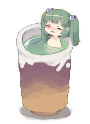 Rule 34 | 1girl, bath, bathing, blush, closed eyes, collarbone, cup, drink, facing viewer, from side, furrowed brow, green hair, green tea, hair bobbles, hair ornament, in container, in cup, kisume, long hair, mini person, minigirl, nude, open mouth, partially submerged, ripples, shadow, sidelocks, simple background, smile, solo, tea, touhou, twintails, white background, yunomi, yunuki uta