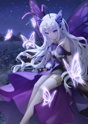 Rule 34 | 1girl, absurdres, bare legs, bare shoulders, breast cutout, breasts, bug, butterfly, butterfly wings, clover theater, dress, hair ornament, highres, insect, insect wings, long hair, looking at viewer, monster girl, pointy ears, purple dress, purple eyes, qianze chia, sitting, smile, white hair, wings