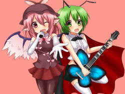 Rule 34 | 2girls, adapted costume, animal ears, antennae, bad id, bad pixiv id, bird wings, brown legwear, cape, ear piercing, earrings, elbow gloves, female focus, gloves, green eyes, green hair, guitar, haniwagi (hal), instrument, jewelry, looking at viewer, microphone, multiple girls, mystia lorelei, one eye closed, open mouth, outstretched arm, outstretched hand, pantyhose, piercing, pink background, pink eyes, pink hair, shirt, shorts, single earring, skirt, sleeveless, sleeveless shirt, thighhighs, touhou, white gloves, white legwear, whiteglocape, wings, wink, wriggle nightbug, zettai ryouiki