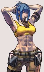 Rule 34 | 1girl, abs, armpits, bare shoulders, belt, biting, black gloves, blue eyes, blue hair, cargo pants, dog tags, earrings, glove biting, gloves, highres, jewelry, leona heidern, muscular, muscular female, navel, necklace, pants, pouch, sidelocks, simple background, solo, syachiiro, tank top, the king of fighters, triangle earrings, tying hair, white background, yellow tank top