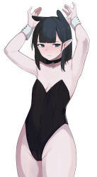 Rule 34 | 1girl, absurdres, arms up, black choker, black hair, black leotard, blue eyes, blunt bangs, breasts, breasts apart, cameltoe, choker, closed mouth, commentary, covered navel, ear piercing, earrings, english commentary, goth fashion, highres, hololive, hololive english, jewelry, koupi (ku roiko), ku roiko, leotard, long hair, looking away, mole, mole under eye, multiple earrings, personification, piercing, playboy bunny, pointy ears, sidelocks, simple background, small breasts, solo, strapless, strapless leotard, takodachi (ninomae ina&#039;nis), thighs, virtual youtuber, white background, wrist cuffs