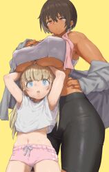Rule 34 | 2girls, armpits, bike shorts, black hair, blonde hair, blue eyes, breast rest, breasts, breasts on head, covered erect nipples, dark-skinned female, dark skin, dated commentary, flat chest, height difference, highres, huge breasts, kei (m k), long hair, m k, midriff, multiple girls, navel, open mouth, original, petite, red eyes, rika (m k), short hair, simple background, sweat, tall, tall female, tan, tomboy, underboob, yuri
