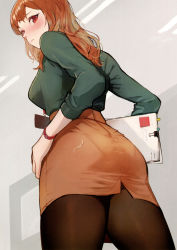 Rule 34 | 1girl, absurdres, ass, black pantyhose, blouse, blush, clipboard, closed mouth, cowboy shot, doushimasho, from below, green shirt, hallway, highres, holding, holding clipboard, id card, indoors, long hair, miniskirt, office, office lady, original, pantyhose, pantylines, pencil skirt, red eyes, red hair, scan, shirt, skirt, solo, thighs