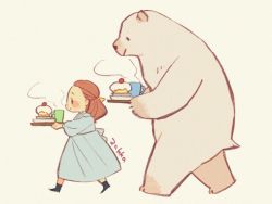 Rule 34 | 1girl, animal, bear, beige background, black footwear, blue dress, brown hair, cake, closed mouth, coffee mug, cup, dress, drink, film grain, food, from side, full body, hair behind ear, hair pulled back, half updo, hands up, holding, holding tray, long dress, long hair, long sleeves, looking away, mug, muted color, original, outstretched arms, polar bear, profile, puffy long sleeves, puffy sleeves, signature, simple background, smile, standing, steam, strawberry shortcake, tray, walking, whipped cream, zakka (d-o-t)